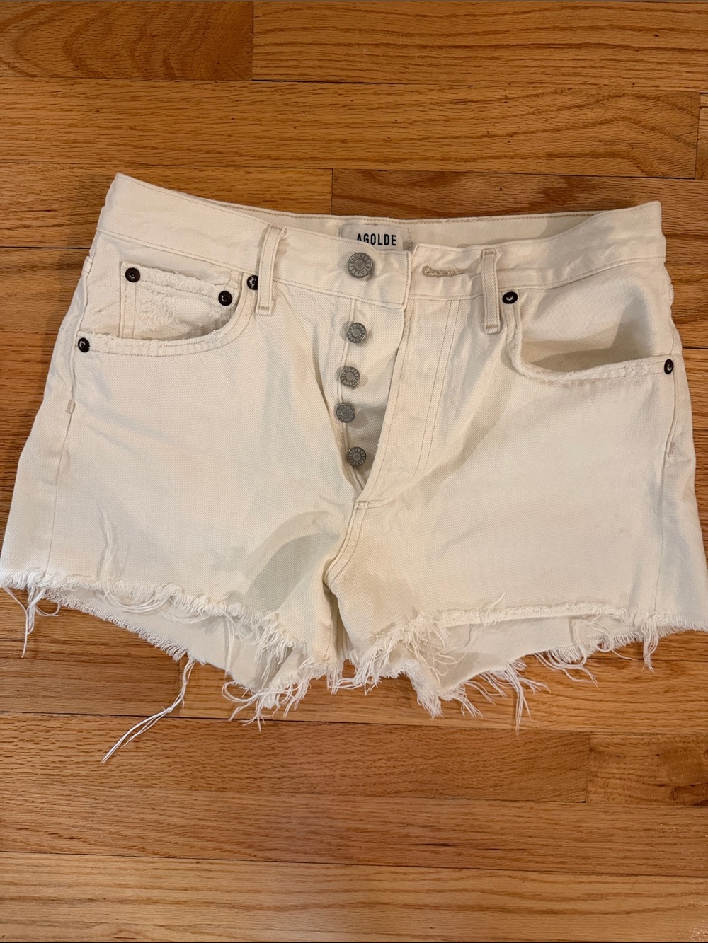 Agolde Parker White High-Rise Distressed Button-Fly Denim Shorts